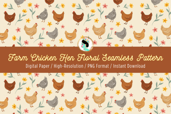 Download Farm Chicken &amp; Flower Seamless Pattern - Premium Bundle